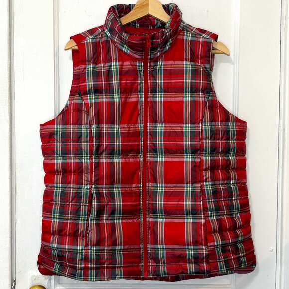 LANDS'END Women's Red Tartan Plaid Down Puffer Vest, Size L (14-16) - Picture 1 of 15